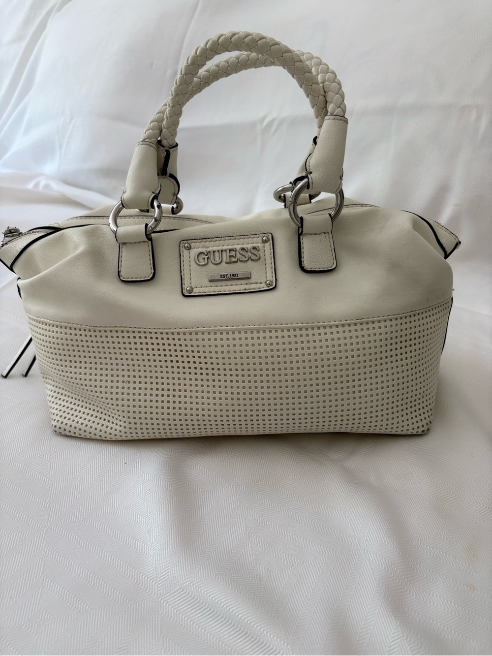 GUESS Ivory Braided-Handle Perforated Satchel